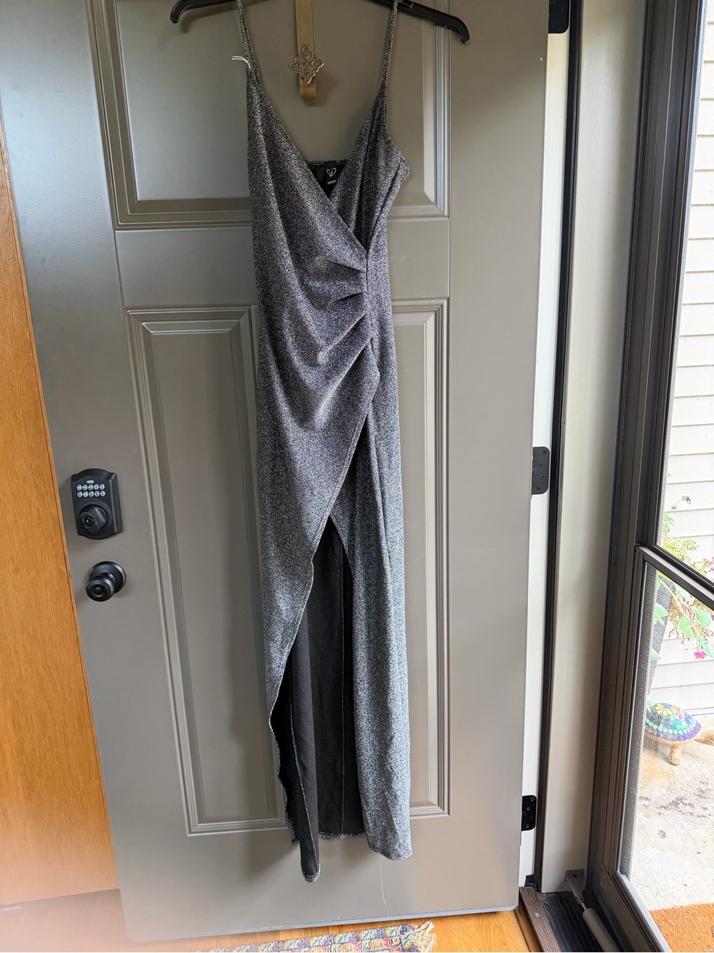 Windsor Metallic Silver Draped Slip Dress with Front Slit, Size L